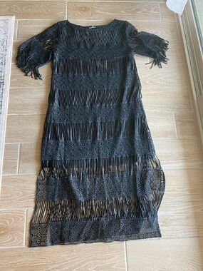 Black Fringe Lace Midi Dress with Crochet Panels